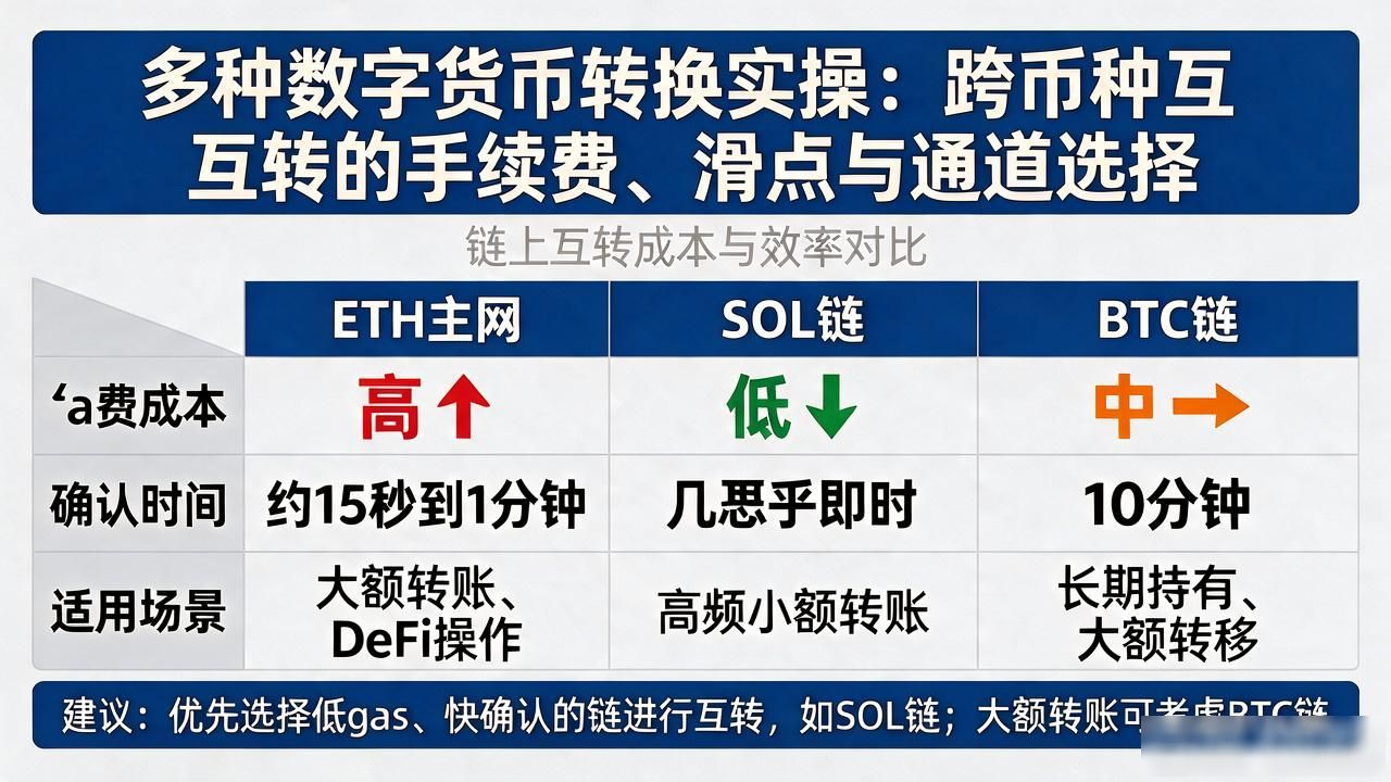 加密货币跨交易所兑换手续费与滑点控制技巧_多种数字货币转换_BTC ETH SOL链上转账gas费对比分析